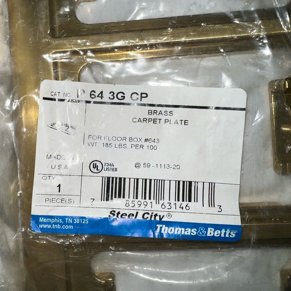 Thomas & Betts 3 Gang Brass Carpet Floor Plate P 64 3G CP Steel City - Picture 3 of 3